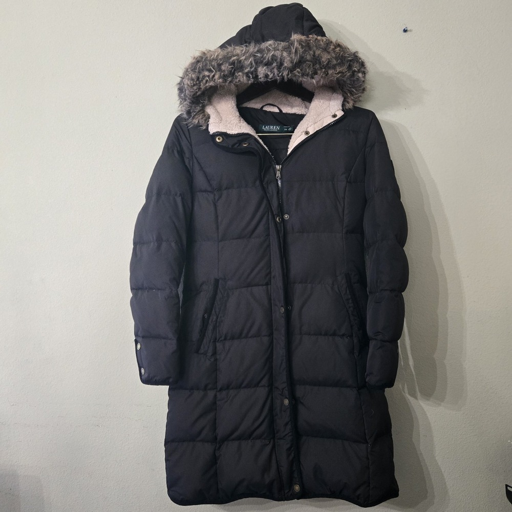 Ralph Lauren Women's Hooded Puffer Coat Faux‎ Fur Trim Regular Size XS